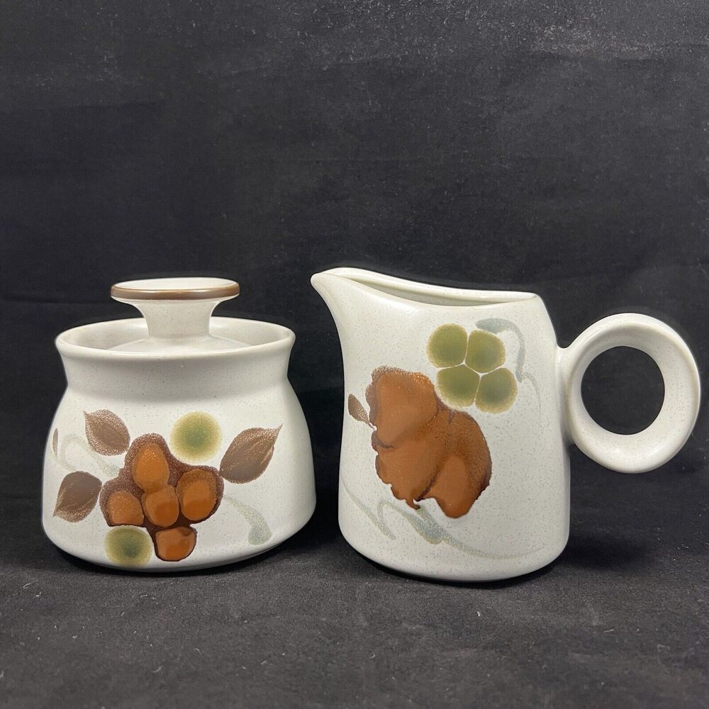Vintage Noritake Folkstone Genuine Stoneware Brown Flower Cream And Sugar Set